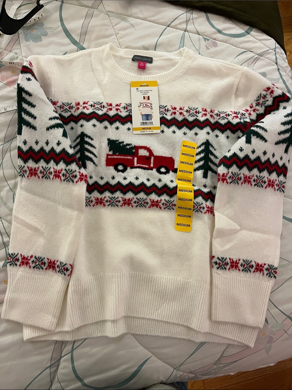 Vince Camuto Cream Knit Crewneck with Red Truck and Green Tree Motif